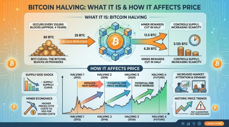 "An educational infographic titled 'Bitcoin Halving: What It Is & How It Affects Price' in a 16:9 aspect ratio. The top half explains the halving concept, showing block rewards cutting down from 50 BTC to 25 BTC, 12.5 BTC, 6.25 BTC, and 3.125 BTC, highlighting increased scarcity. The bottom half features a colorful line graph illustrating Bitcoin's historical price trends and supply-side shock waves across Halving 1 (2012), Halving 2 (2016), Halving 3 (2020), and Halving 4, showing a potential price increase pattern with a professional, clean tech design."