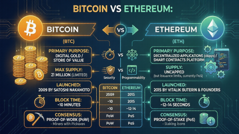 Bitcoin vs Ethereum comparison showing differences between Bitcoin as digital gold and Ethereum as a smart contract blockchain platform for decentralized applications.