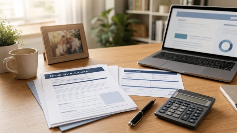 Disability insurance documents with paycheck, calculator, and laptop for income protection planning