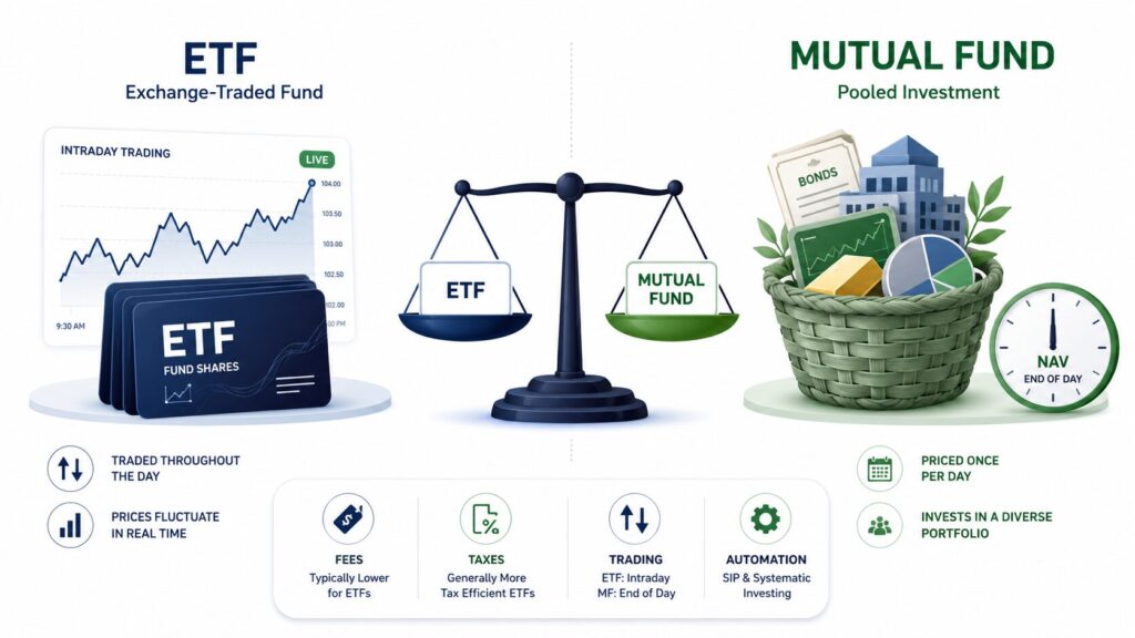ETF vs mutual funds comparison showing trading, fees, taxes, and automation differences