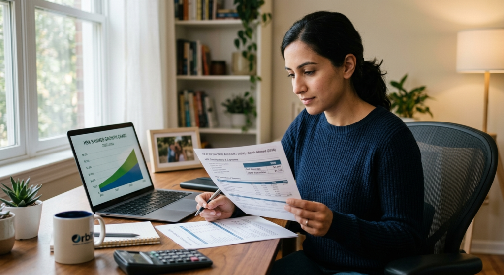 A professional woman sitting at her home desk reviewing HSA vs FSA health savings account documents with a laptop showing a financial growth chart in a bright, modern room.
