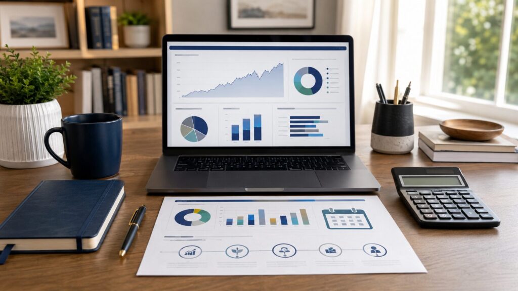 How to invest in index funds with laptop, calculator, portfolio worksheet, and long-term investing notes