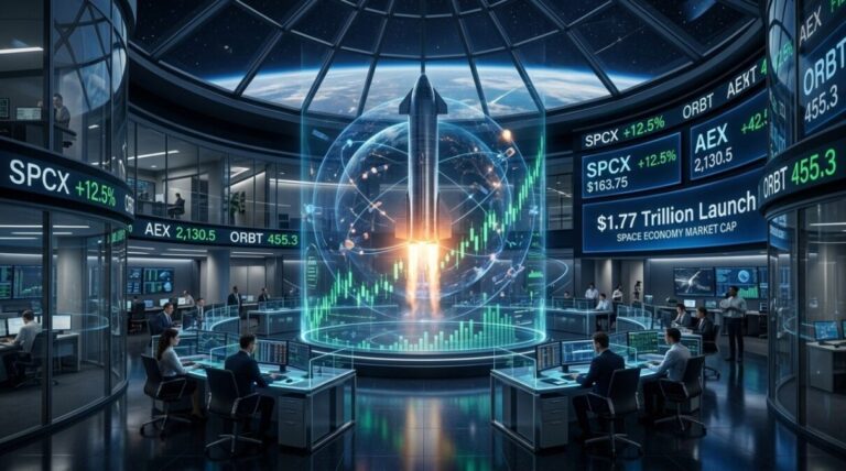 SpaceX IPO concept image: $1.77 trillion valuation launch projected as a hologram on a futuristic Wall Street trading floor with SPCX stock ticker.