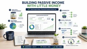 Passive income ideas for beginners with little money shown as small savings, investing, and digital income streams