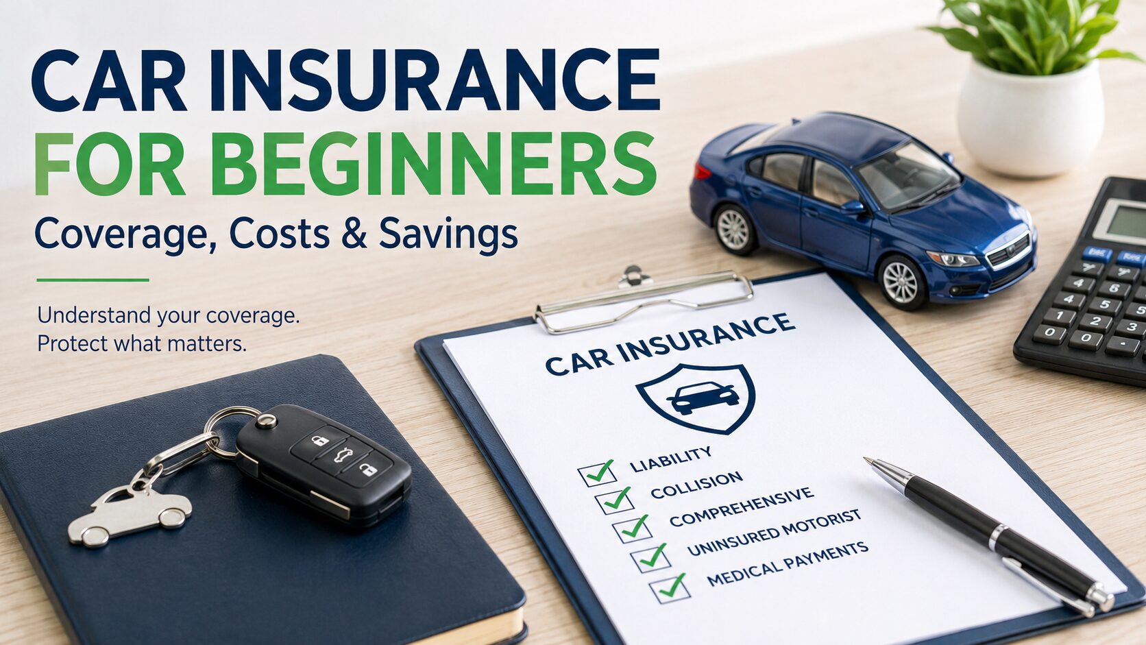 Car insurance for beginners guide showing coverage types, costs, and savings decisions
