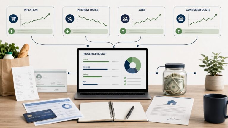 Economy and personal finance dashboard showing inflation, interest rates, jobs, and consumer costs