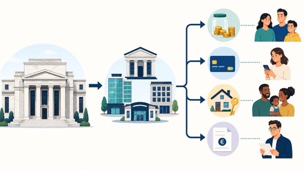 Flowchart showing how Fed rate changes move through banks, lenders, and consumer money products