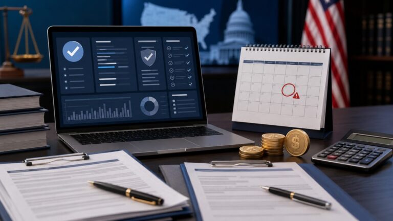 GENIUS Act stablecoin deadline missed with crypto regulation documents, laptop, calendar, and digital dollar icons