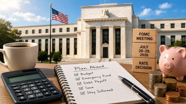 July 2026 Fed meeting interest rate decision with mortgage, savings and credit card documents