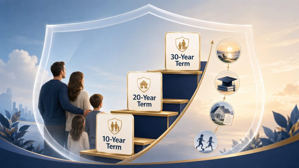 Life insurance ladder strategy with 10-year, 20-year, and 30-year term policy layers protecting family milestones