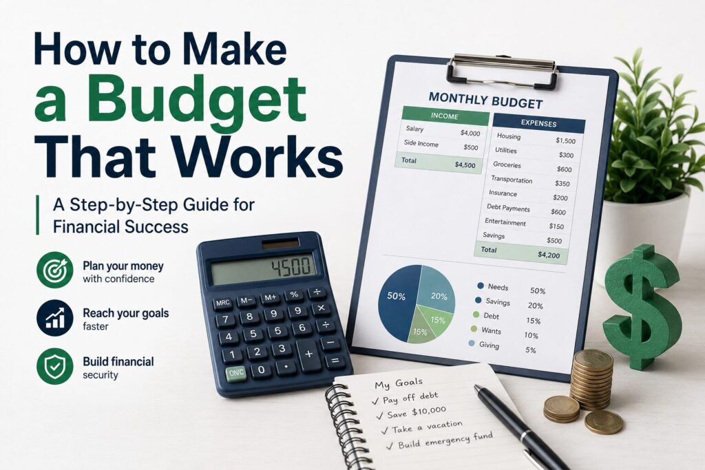 Money management for beginners with a paycheck budget, calculator, savings, and debt plan