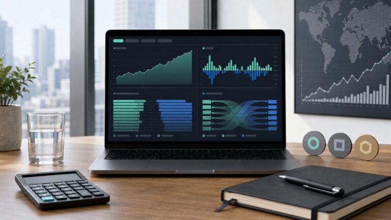 Stable coin supply dashboard with crypto liquidity charts, calculator, notebook, and digital dollar icons
